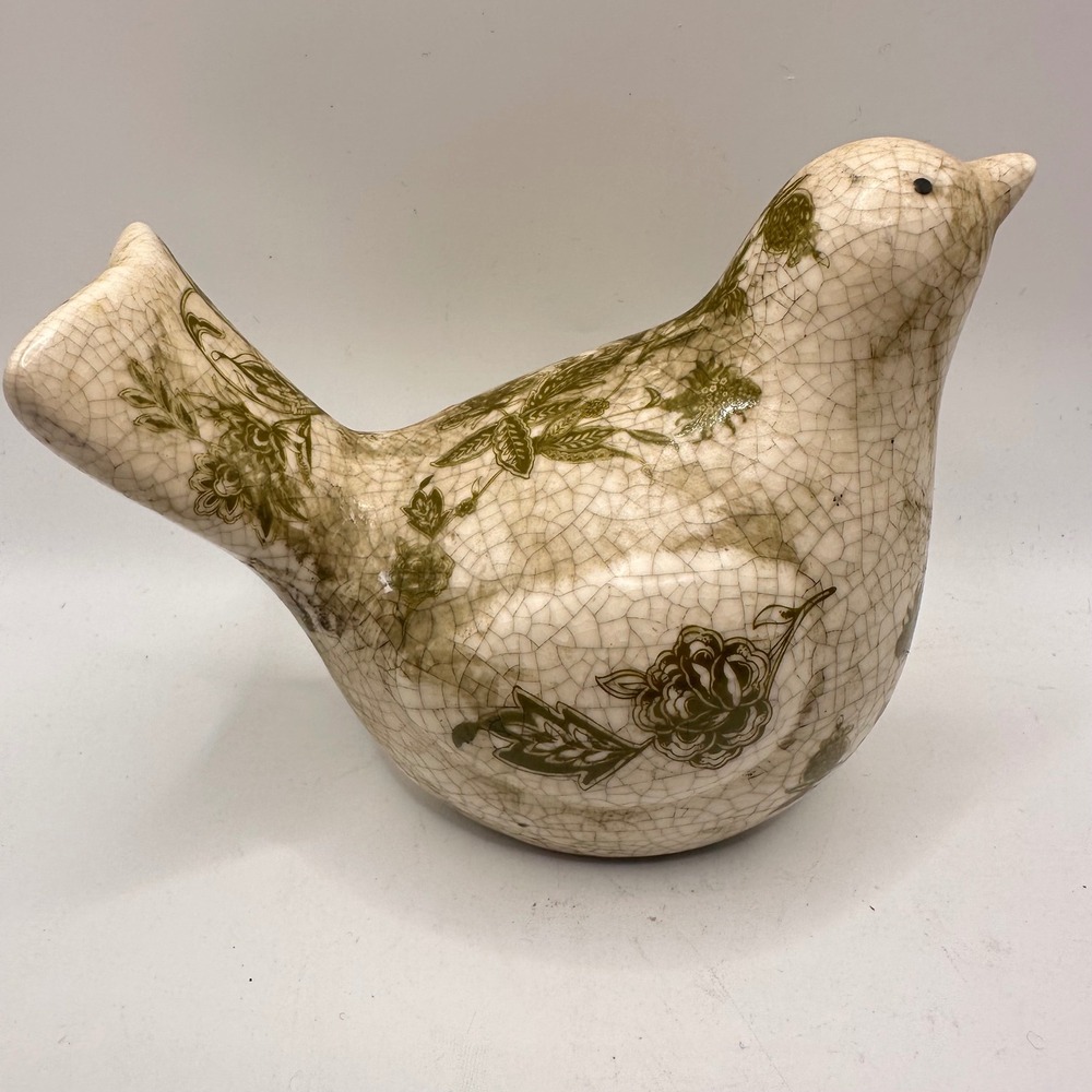Vintage Style Crackle Glaze Ceramic Bird Figurine Green Floral Transferware